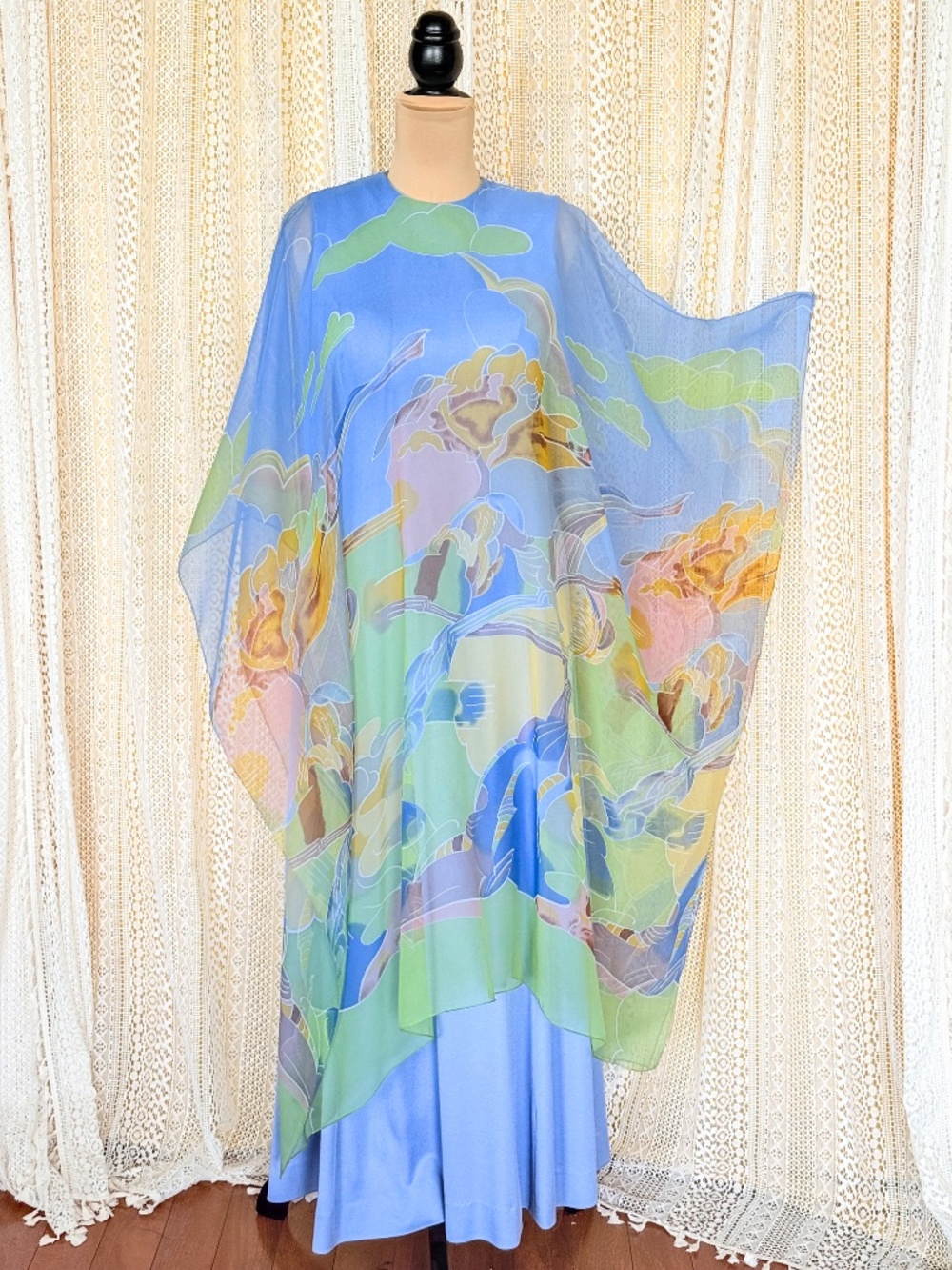 VTG 70s Pastel Abstract Chiffon Hollywood Goddess Maxi Caftan Resortwear Sz S-M